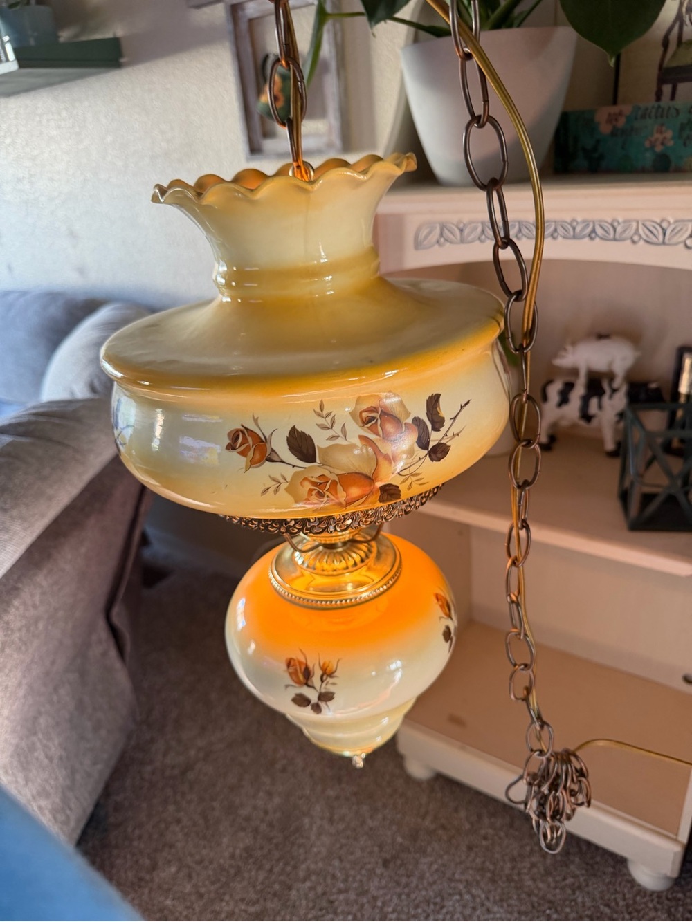 Vintage Floral Glass Hanging Lamp - Yellow Orange - Picture 5 of 6